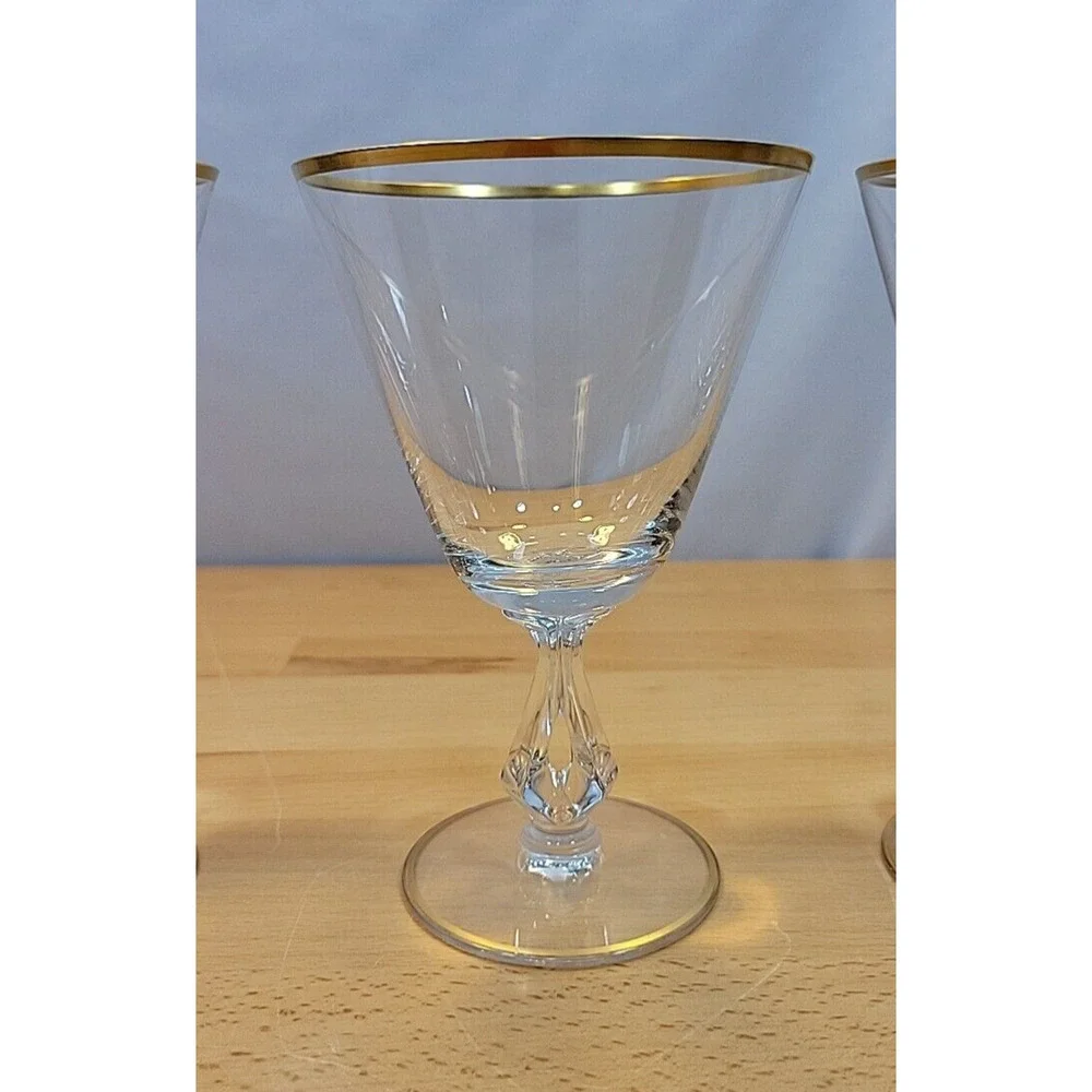 3 Vintage Fostoria Ambassador Water Glass Goblet Gold Trim Stem 6065 6”